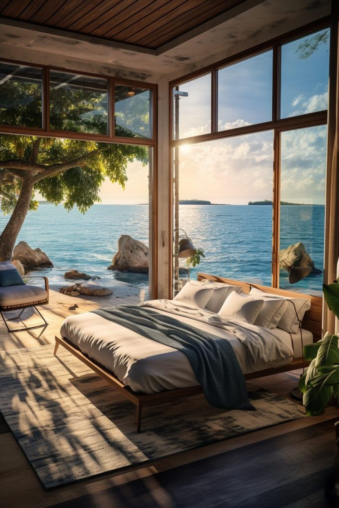 Modern Bedroom with an Amazing View of the Waterfront AI Artwork 11