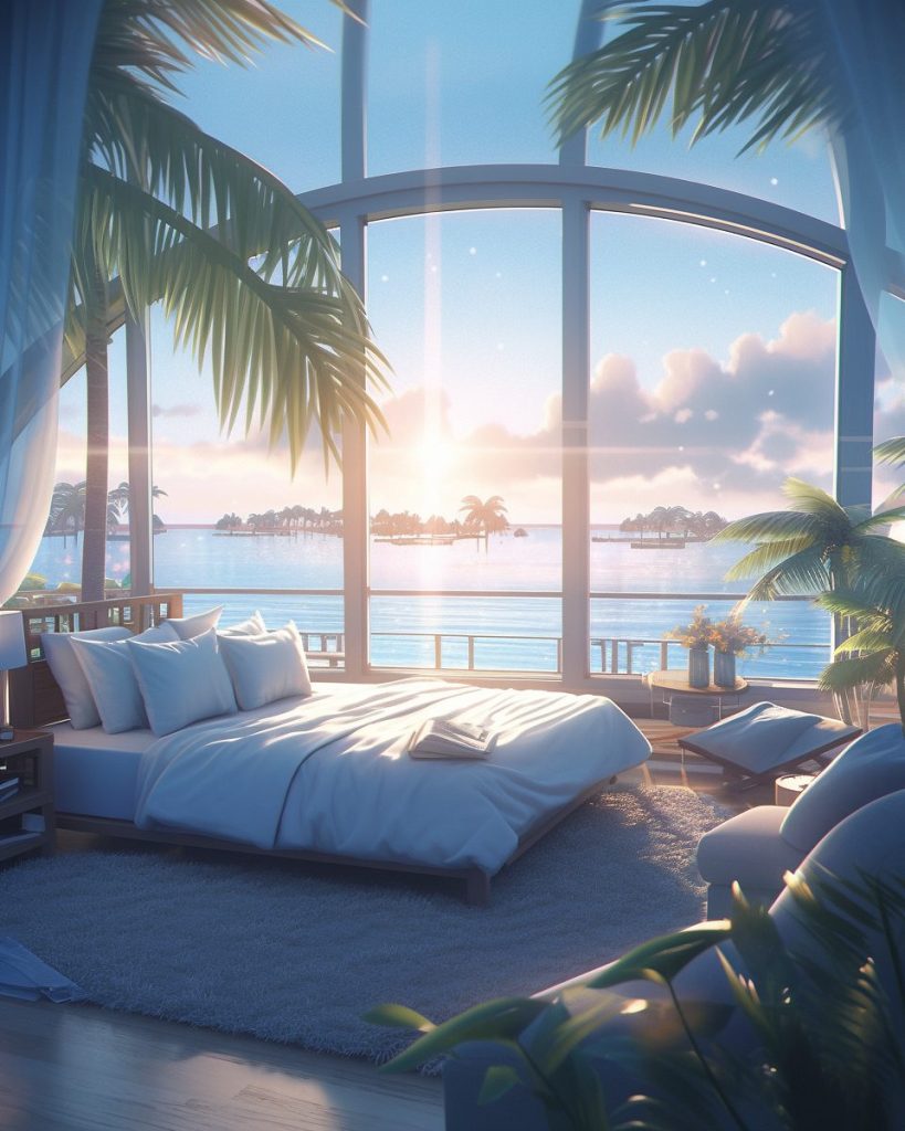 Modern Bedroom with an Amazing View of the Waterfront AI Artwork 12