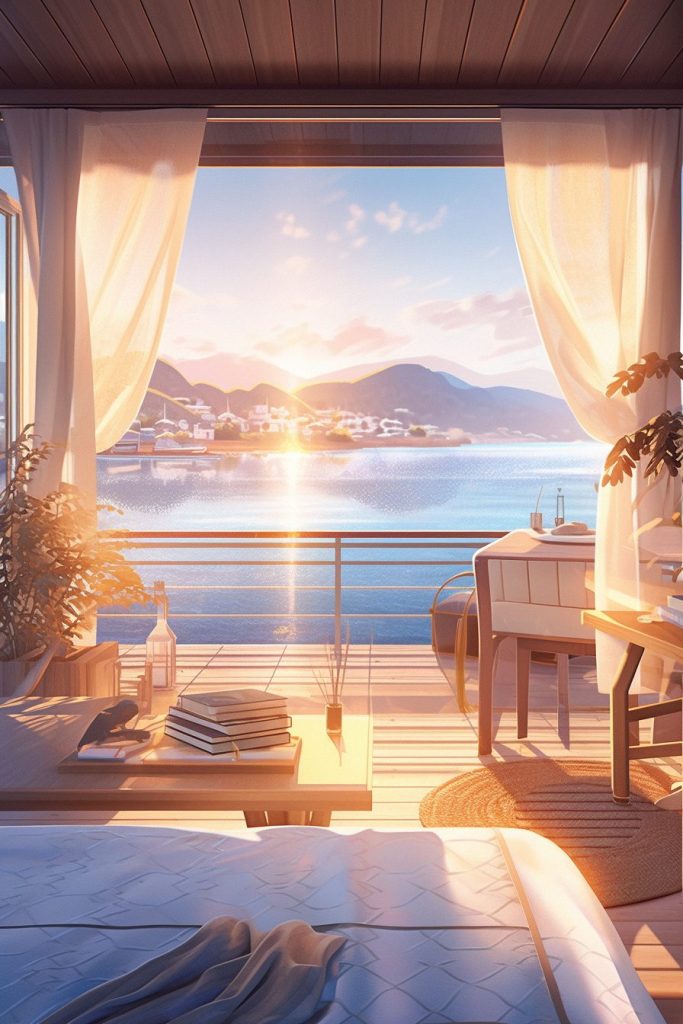 Modern Bedroom with an Amazing View of the Waterfront AI Artwork 13