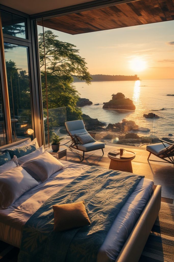 Modern Bedroom with an Amazing View of the Waterfront AI Artwork 15