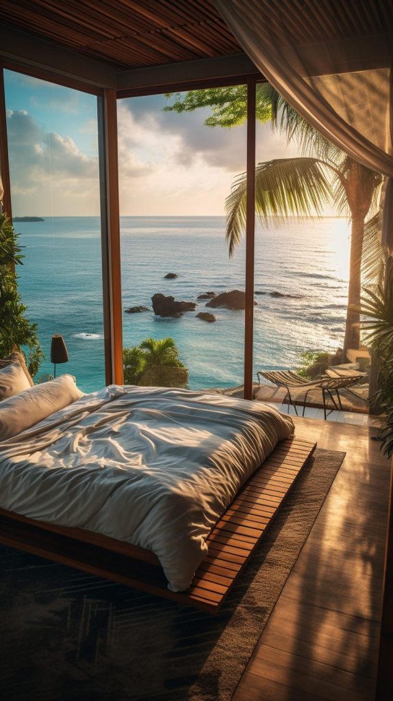 Modern Bedroom with an Amazing View of the Waterfront AI Artwork 17