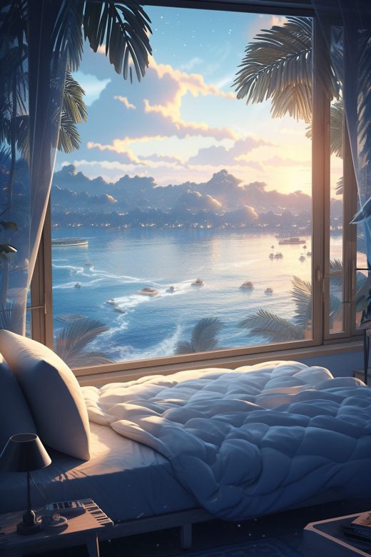 Modern Bedroom with an Amazing View of the Waterfront AI Artwork