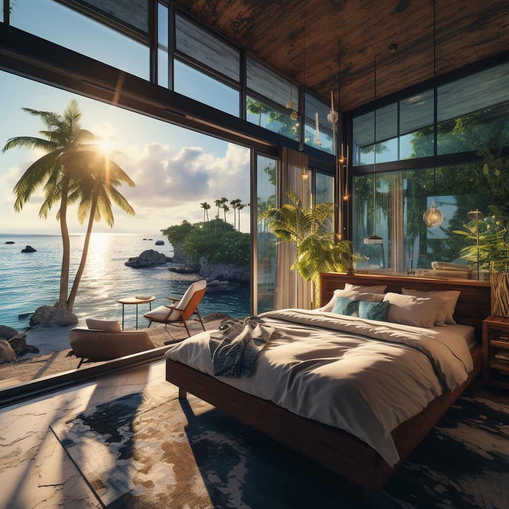Modern Bedroom with an Amazing View of the Waterfront AI Artwork 18