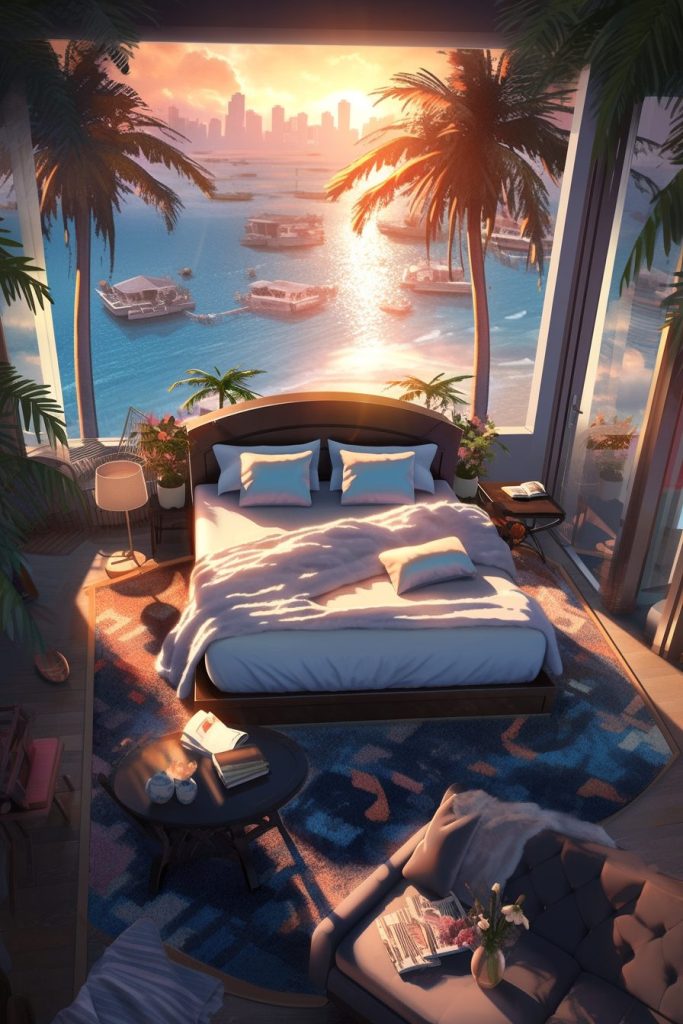 Modern Bedroom with an Amazing View of the Waterfront AI Artwork 19