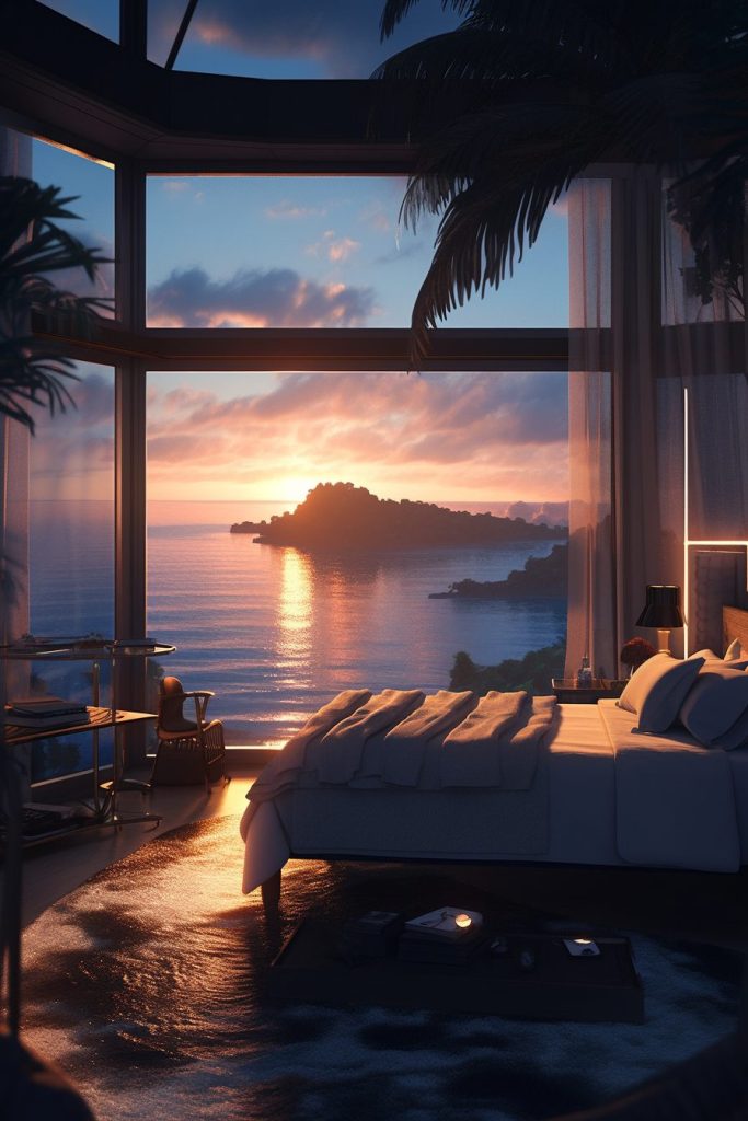 Modern Bedroom with an Amazing View of the Waterfront AI Artwork 21
