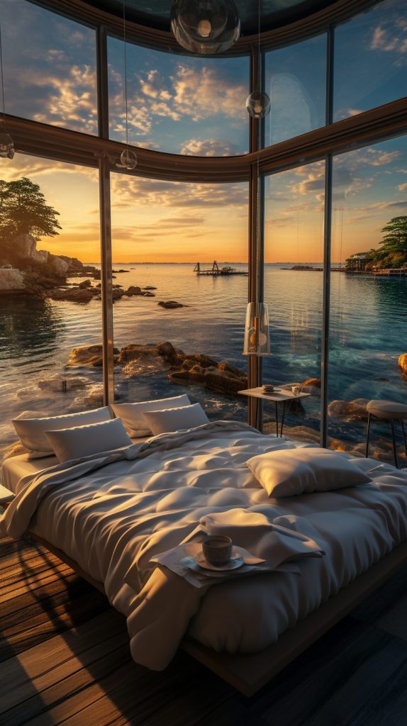 Modern Bedroom with an Amazing View of the Waterfront AI Artwork 22