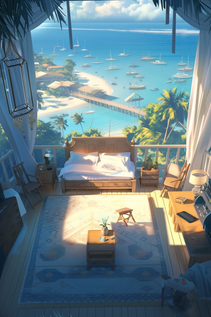 Modern Bedroom with an Amazing View of the Waterfront AI Artwork 23