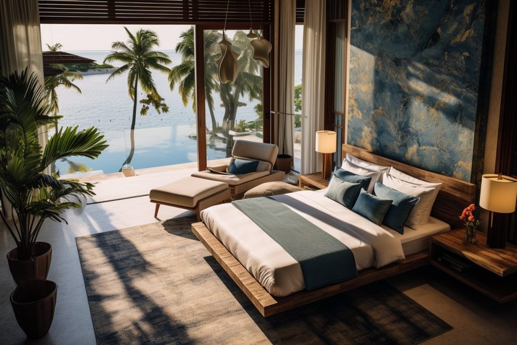 Modern Bedroom with an Amazing View of the Waterfront AI Artwork 24