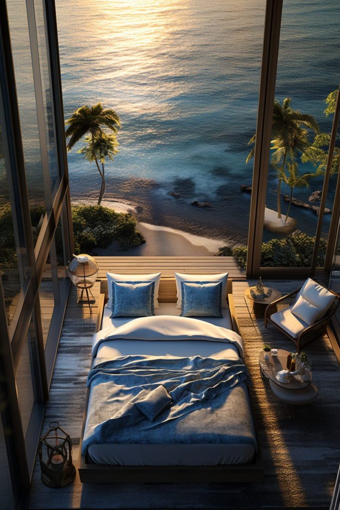 Modern Bedroom with an Amazing View of the Waterfront AI Artwork 25