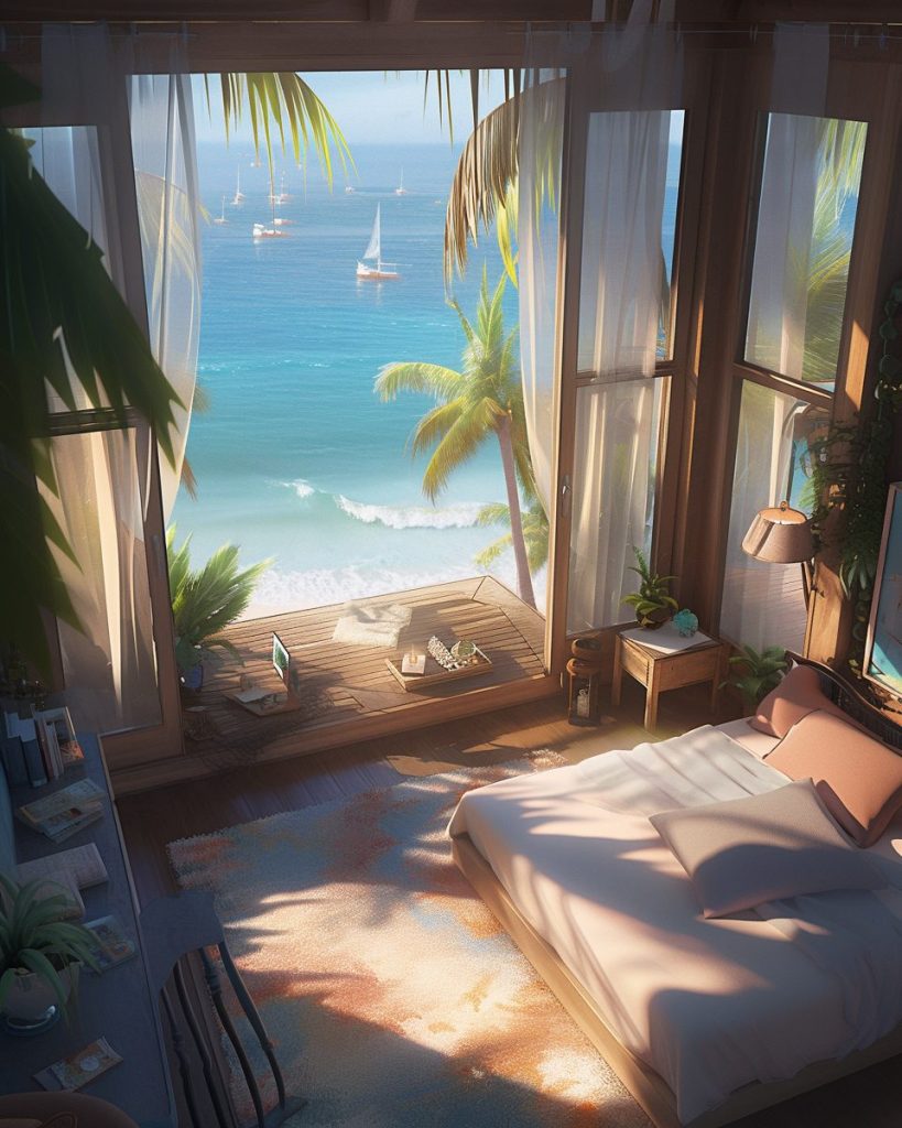 Modern Bedroom with an Amazing View of the Waterfront AI Artwork 26