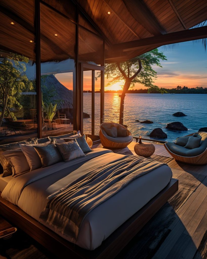 Modern Bedroom with an Amazing View of the Waterfront AI Artwork 28