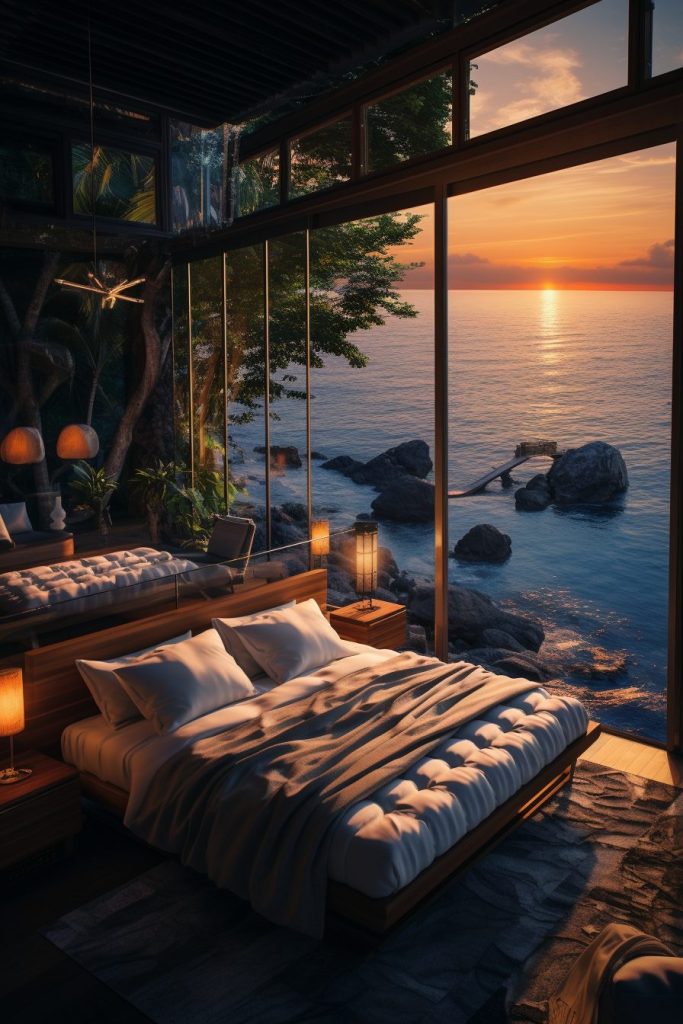 Modern Bedroom with an Amazing View of the Waterfront AI Artwork 29
