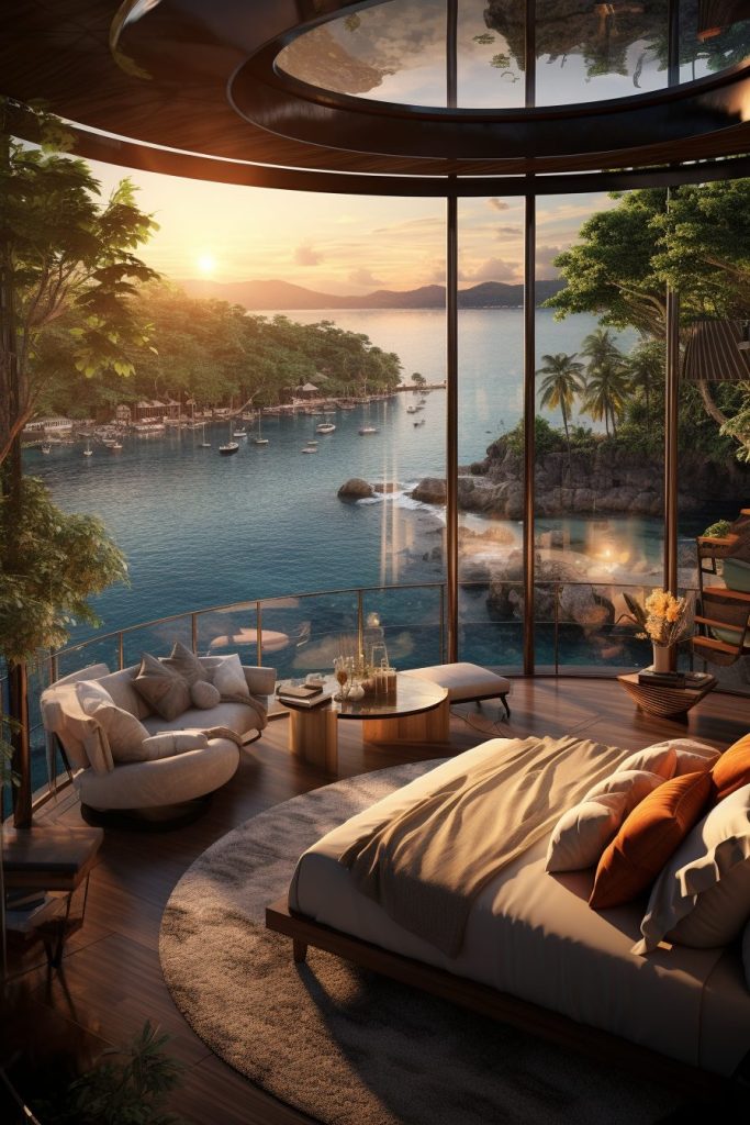 Modern Bedroom with an Amazing View of the Waterfront AI Artwork 3