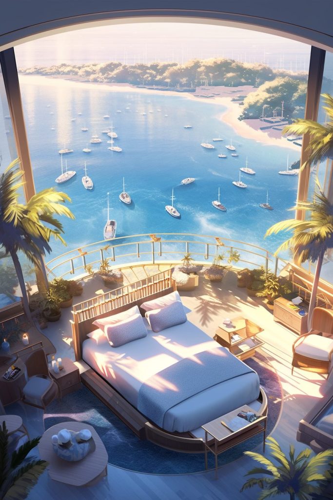 Modern Bedroom with an Amazing View of the Waterfront AI Artwork 33