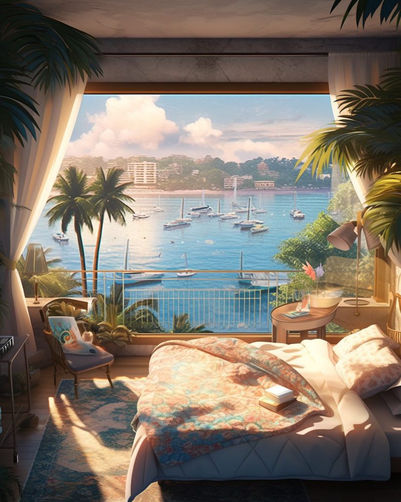 Modern Bedroom with an Amazing View of the Waterfront AI Artwork 34