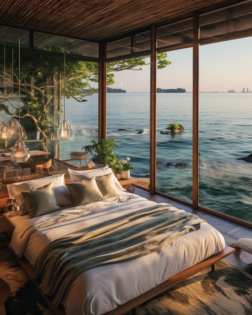 Modern Bedroom with an Amazing View of the Waterfront AI Artwork 35