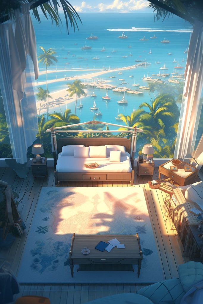 Modern Bedroom with an Amazing View of the Waterfront AI Artwork 36