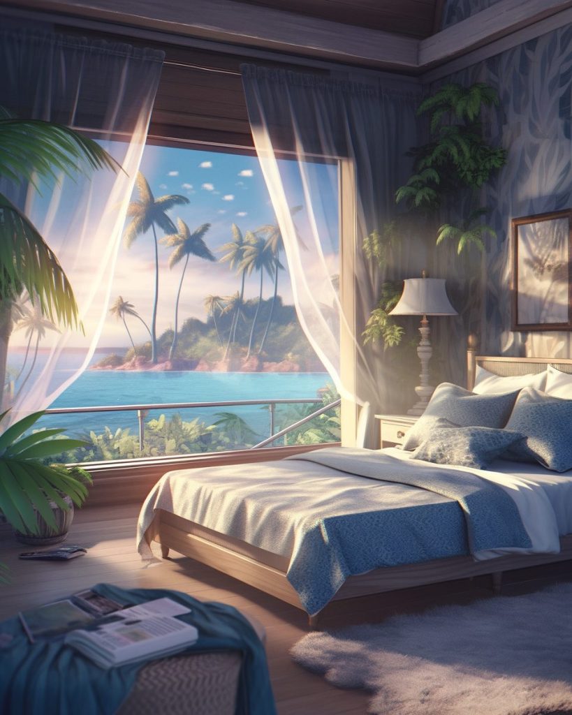 Modern Bedroom with an Amazing View of the Waterfront AI Artwork 38