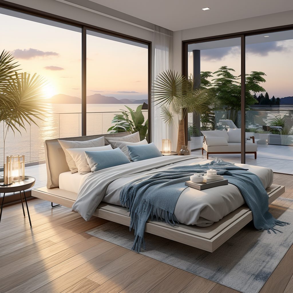 Modern Bedroom with an Amazing View of the Waterfront AI Artwork 39