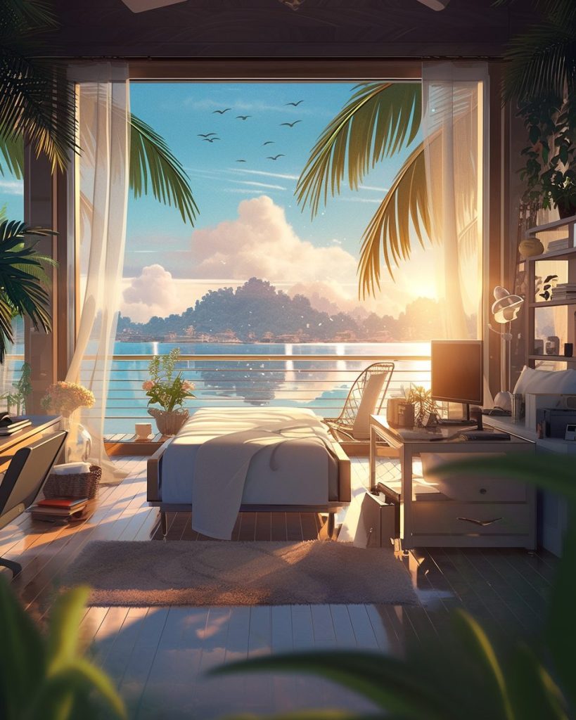 Modern Bedroom with an Amazing View of the Waterfront AI Artwork 4