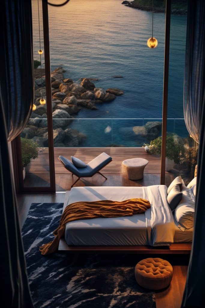 Modern Bedroom with an Amazing View of the Waterfront AI Artwork 5