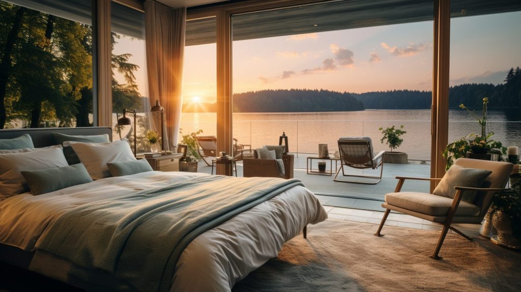 Modern Bedroom with an Amazing View of the Waterfront AI Artwork 8
