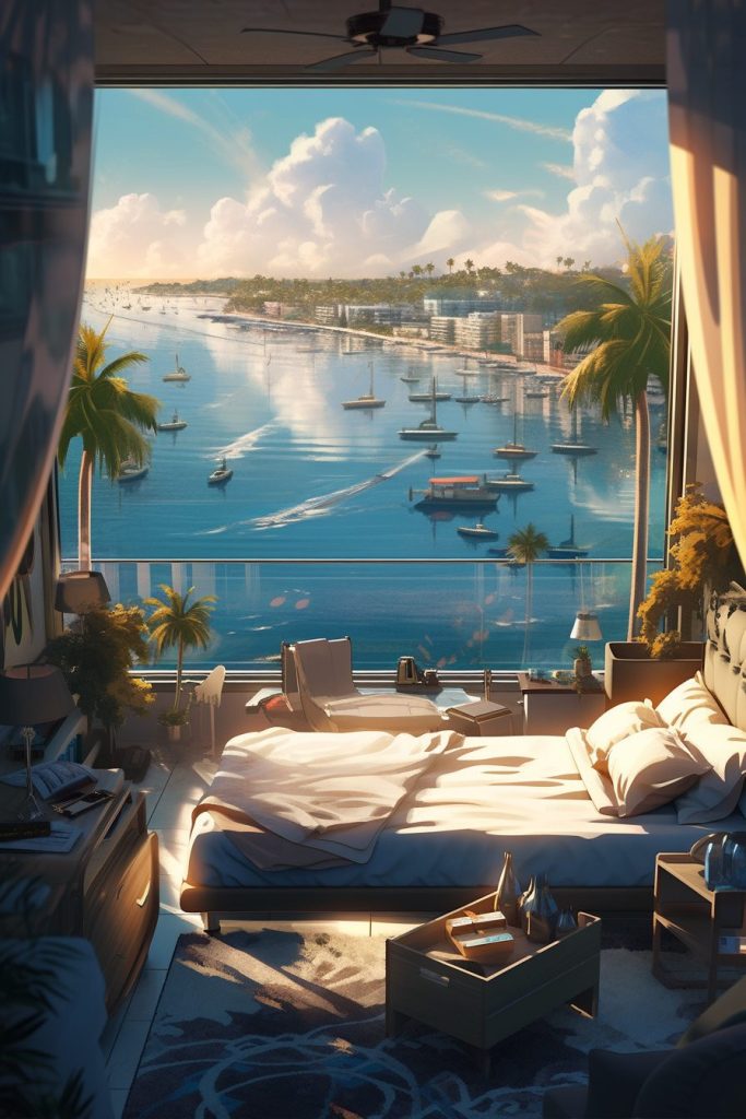 Modern Bedroom with an Amazing View of the Waterfront AI Artwork 9