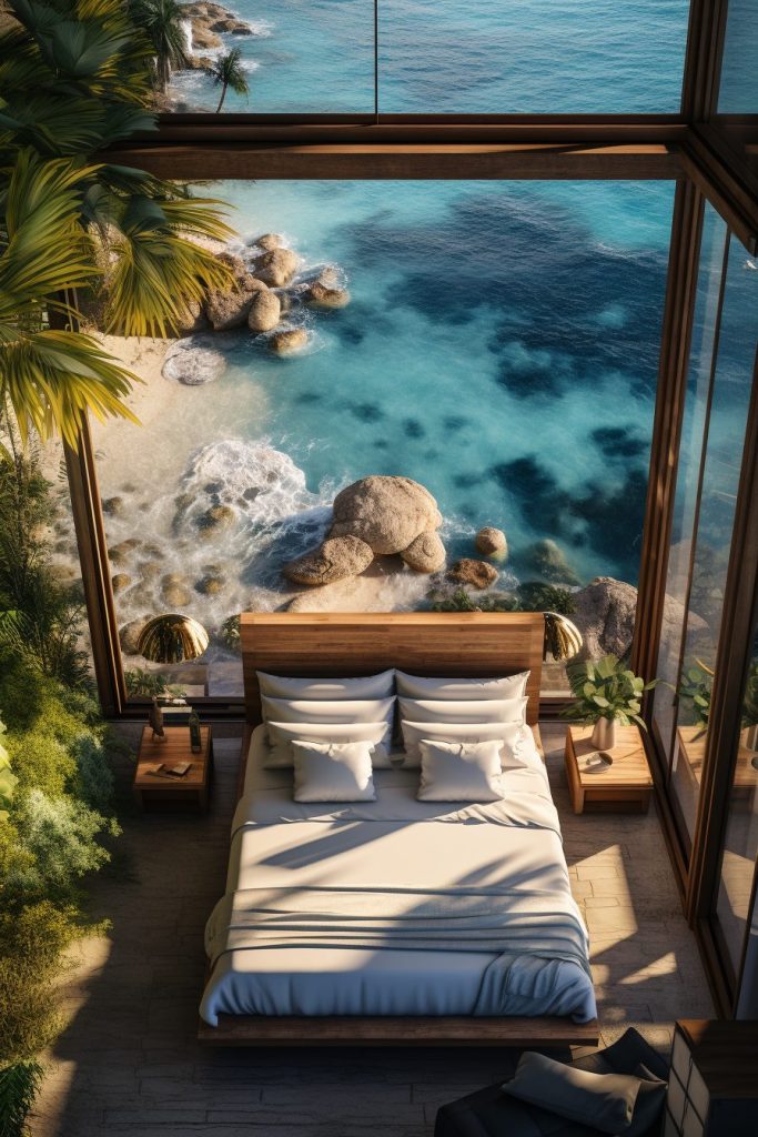 Modern Bedroom with an Amazing View of the Waterfront AI Artwork 10